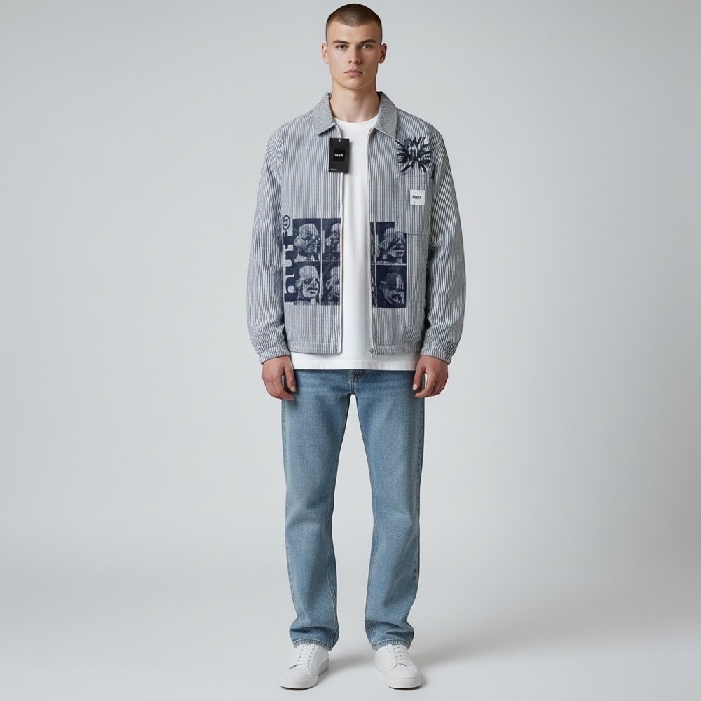 HUF Unsung Full Zip Hickory Stripe Jacket Mens Medium NWT Graphic Skater Top